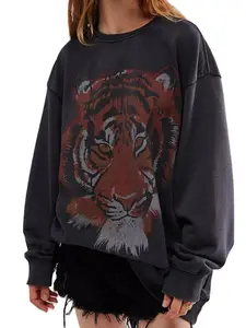Leyajedol Women's Oversized Graphic Sweatshirt Long Sleeve Tiger Print Pullover Y2k Aesthetic Tops Fall Streetwear GreyL Casual Rock Style