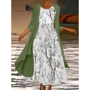 Plus Size Casual Outfits Two Piece Set, Women's Plus Solid Long Sleeve Cover Up & Floral Print Tank Dress Outfits 2 Piece Set Womenswear Summer summer outfits Green