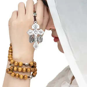 Wooden Beads Rosary with Y-Shaped Cross, 10mm/0.4in Absolution St. Benedict Prayer Necklace, Vintage Style for Prayer, Communion, Baptism, Handmade Beaded Necklace, Handmade Jewelry, Faith Necklace