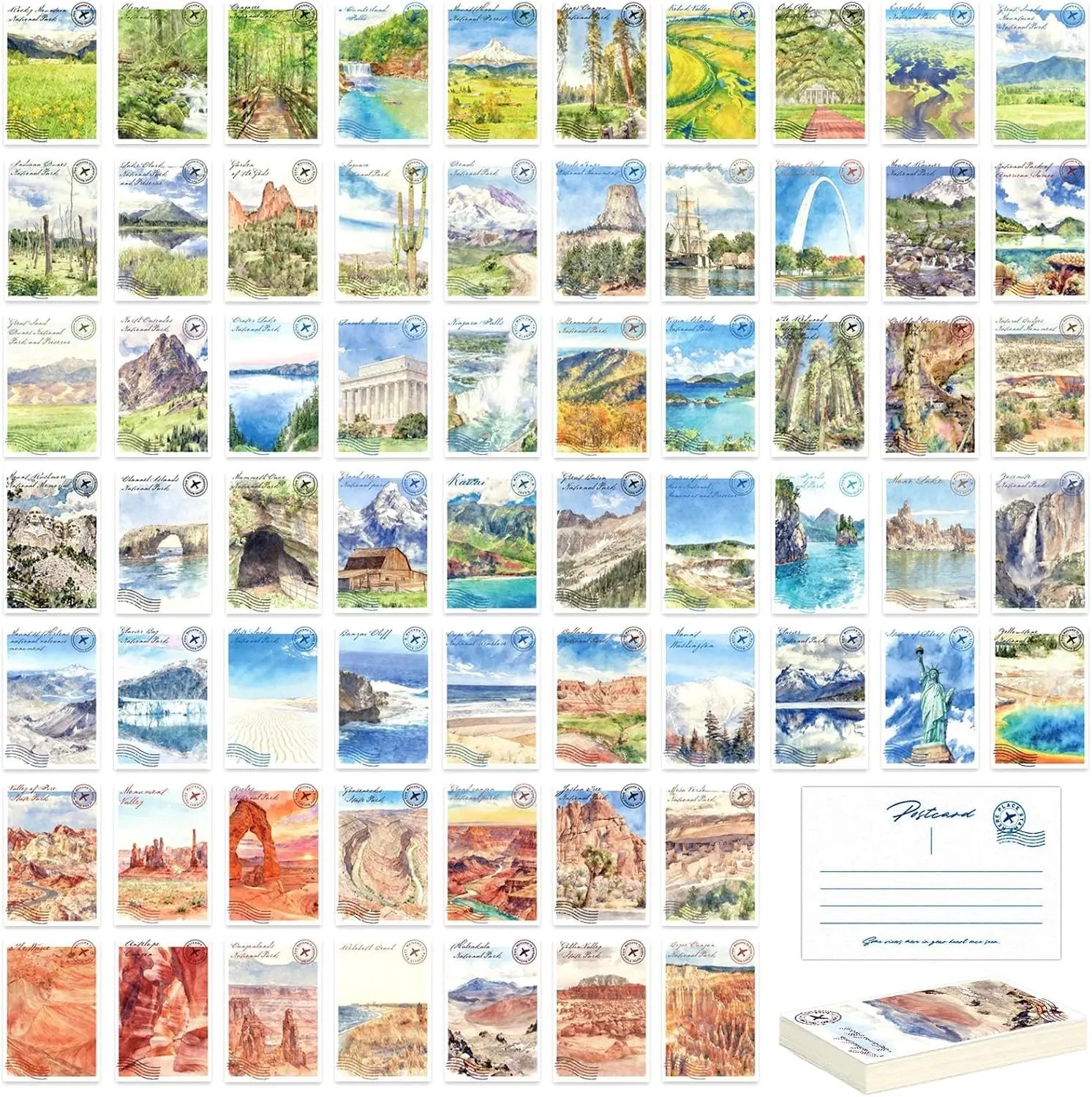 64 Pcs Illustrated National Parks Postcards U.S, Vintage Travel Posters for Wall Decor, Vintage Postcard Set for Mailing, Mailing, Educational & Collectible, 4" x 6", 350GSM Pearl Cardstock
