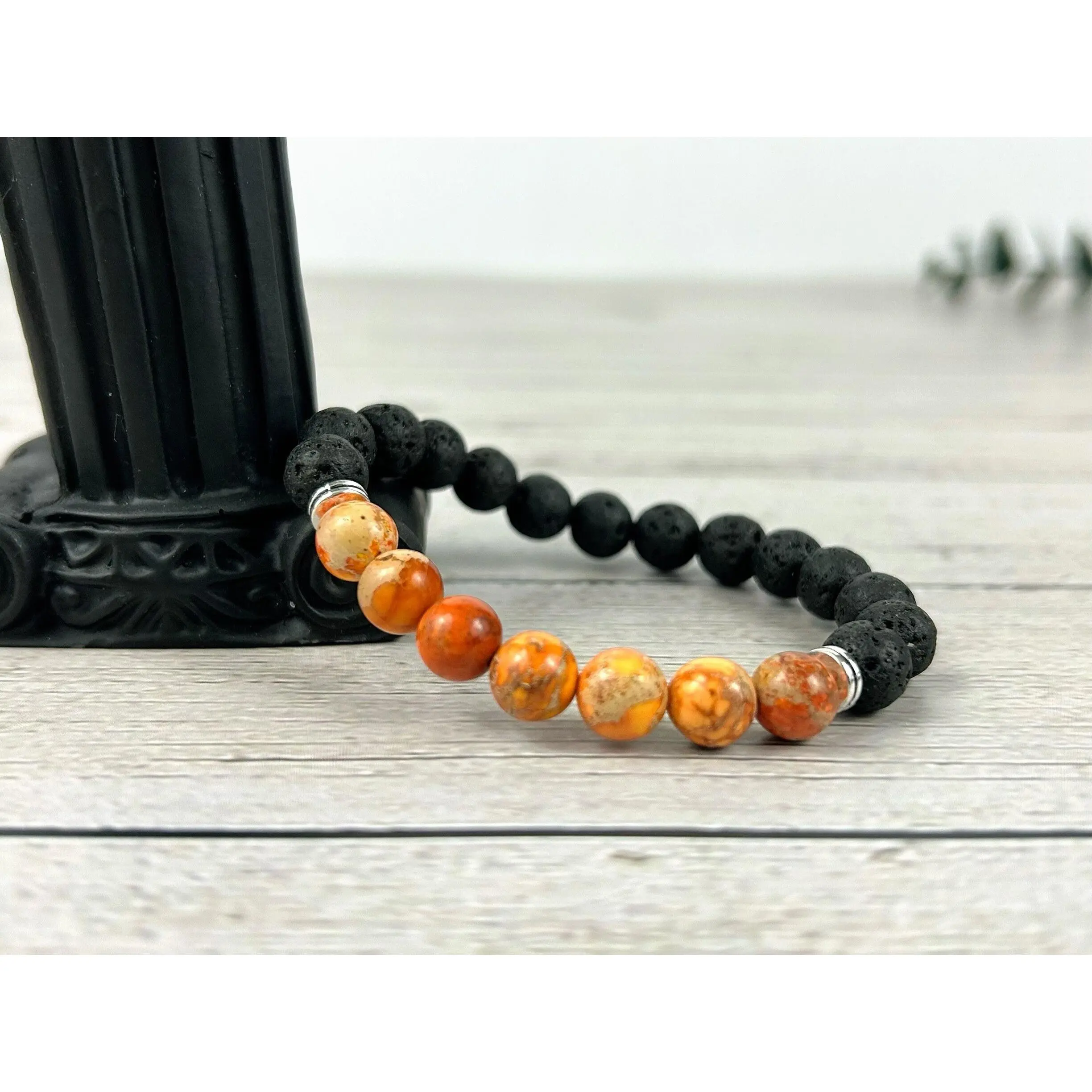 Orange Imperial Jasper with Black Lava Beads - Essential Oil Bracelet - Diffuser Bracelet