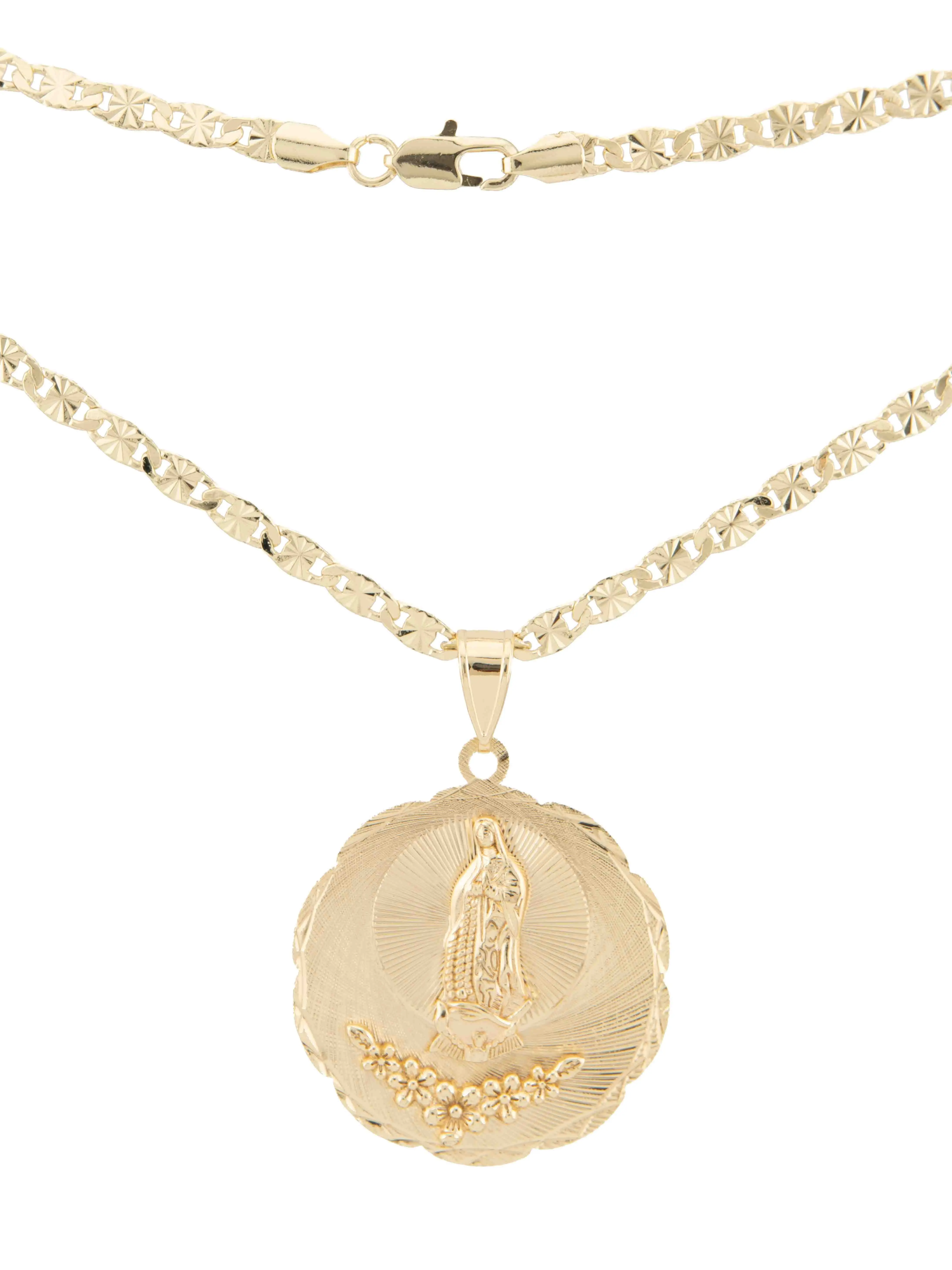 Gold-Plated Medallion Pendant, Faithful & Elegant Virgin Mary with Floral Design, Religious Charms & Pendants for Women on 18 or 24-Inch Chain, Chain Design Charms & Pendants, Gold Chain Medallion Charms & Pendants