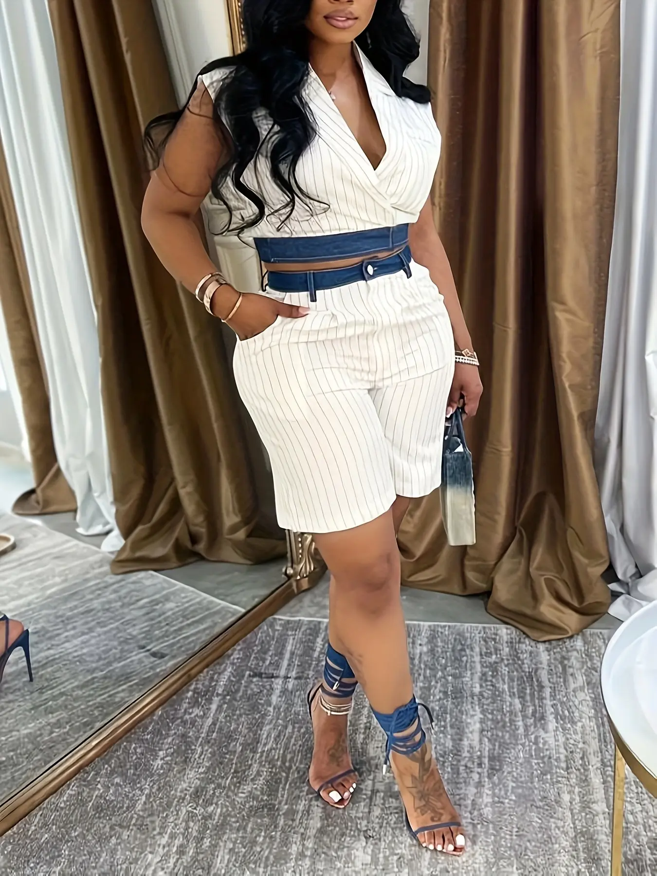 Women's Motionkiller 2-Piece Denim Apparel Set - Sleeveless Stripe Vest, Polyester Bottom Shorts, Lady's Women's Clothes Top