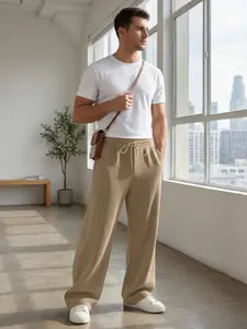 Men’s heavyweight loose fit American hip-hop casual jacquard straight-leg ribbed minimalist sweatpants Breathable Linen Pants