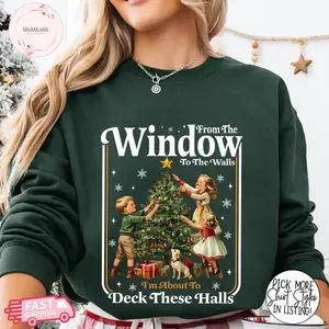 These hall T-shirts, sports shirts, vintage holiday Christmas shirts, window to wall Christmas tops, holiday humor patterned shirts, cottonRAIMENTRY