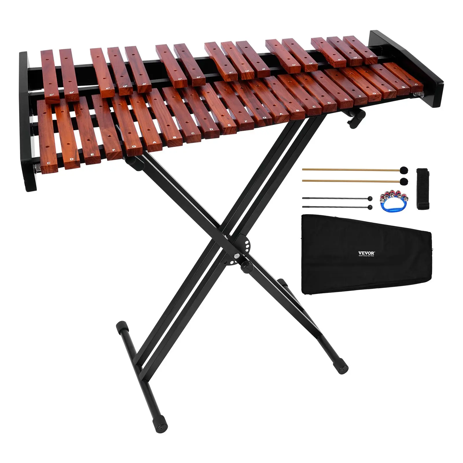 VEVOR 37-Note Natural Wood Xylophone for Music Lovers, Professional Burr-Free Touch Percussion Instrument with Carbon Steel Keys, Height-Adjustable Stand, 4 Mallets, Carrying Bag, Beginner Musical Kit