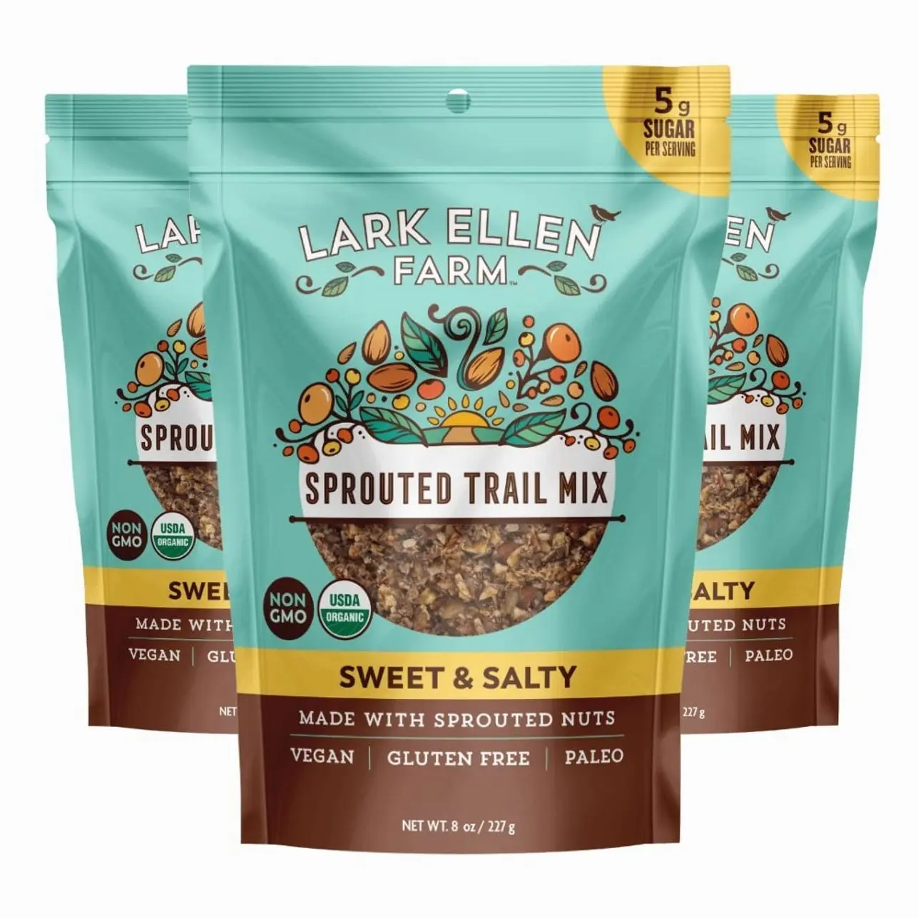 Lark Ellen Farm Sweet and Salty Nut and Seed Trail Mix, Gluten Free Trail Mix Bags, Grain Free Healthy Snacks, Certified Organic, Non-GMO, Paleo, Vegan (8 oz, 3 Pack)
