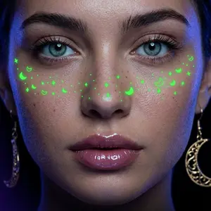 Fluorescent Freckle Temporary Tattoo Stickers, Glow-In-The-Dark Stars Moon Waterproof Non-Fading Party Style Cute Face Decals 6 Sheets Pack