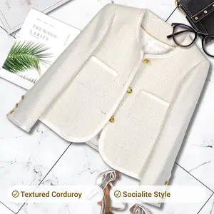 DUSHE Women's Fitted Textured Tweed Corduroy Jacket - 2026 Fall/Winter New Arrival, Socialite Style Crew Neck, Button Front Closure, 2 Pockets, Long Sleeves Fashion Essential, Elegant Casual Medium-Length Women's Top