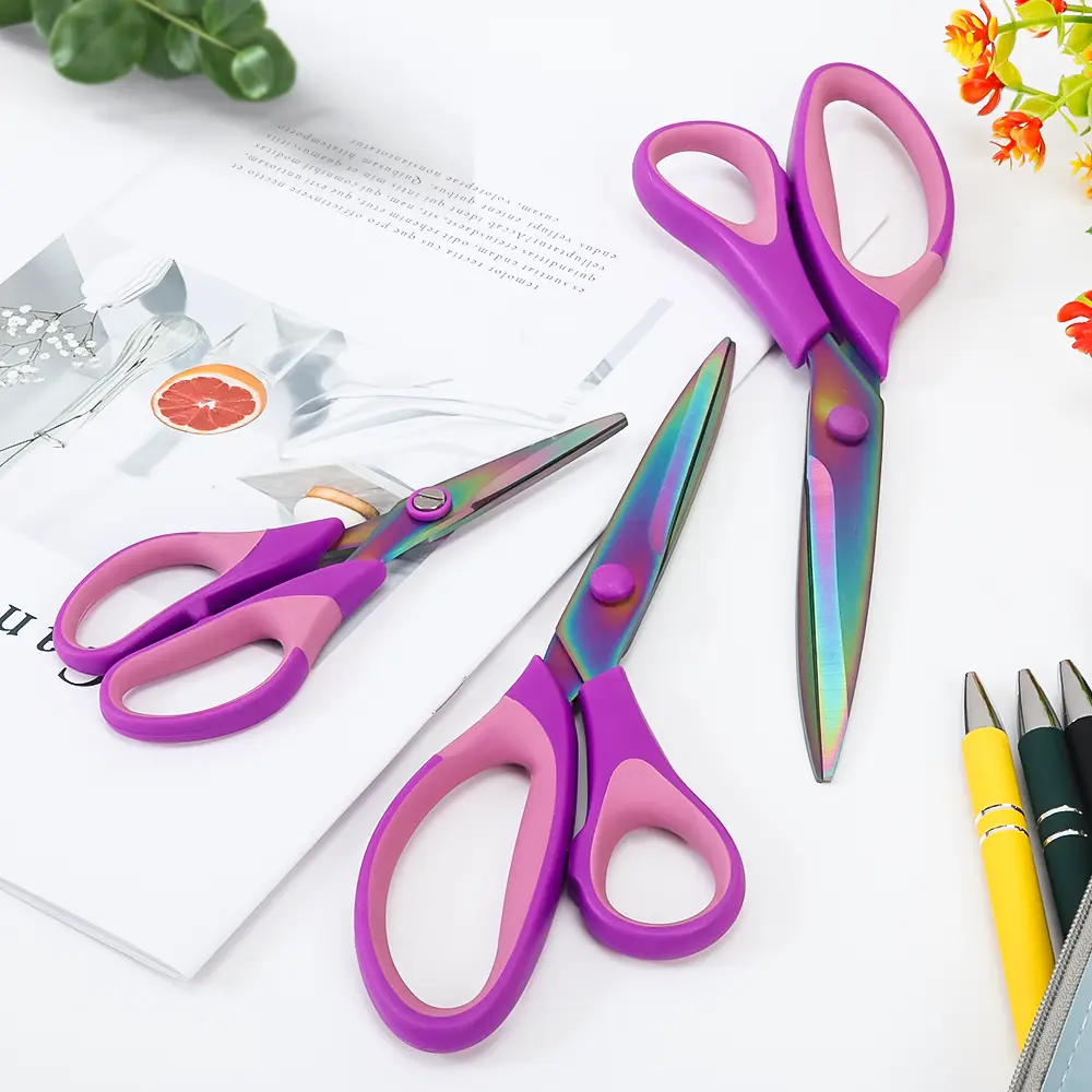 3-Pack Craft Scissors Set - TPR Soft Grip Ergonomic Handle, Sharp Stainless Steel Titanium Blades - Multipurpose Shears for Sewing, Household, Craft Projects (Fashion & Face Covering Mask Accessory), Arts, Office Use, School, Iridescent Titanium Coating,,