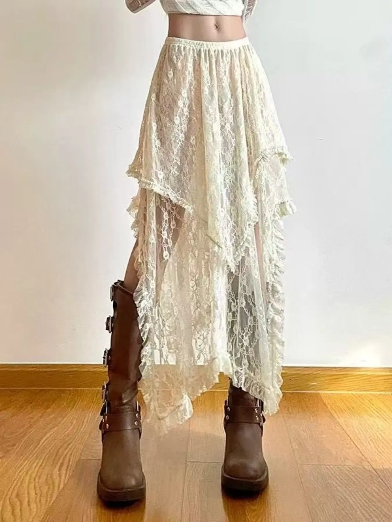 Boho Lace Print Skirt, Elegant, Fitted, Bohemian, Irregular Hem Design, Perfect Layering Piece, Vacation Style, Half-Sleeve Dress, Versatile Fashion Item, Elegant Casual Skirt, Boho Casual Skirts