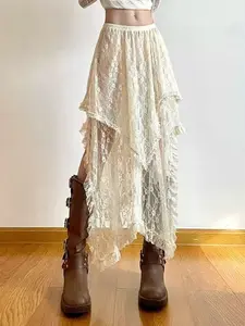 Boho Lace Skirt, Bohemian, Print, Irregular Hem Design, Perfect Layering Piece, Vacation Style, Half-Sleeve Dress, Versatile Fashion Item, Womenswear, Bottom, Fit, Elegant