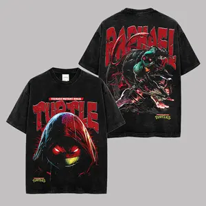 Teenage Mutant Ninja Turtles Raphael Vintage Washed Black T-Shirt Anime Streetwear Graphic Tee Retro Ninja Turtle Fan Gift Unisex Oversized Shirt Comic Style Front Back Print Cotton Tee