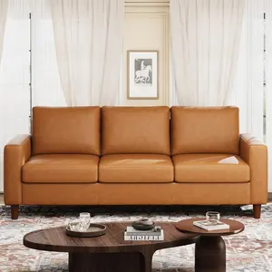 Orange 83 Inch Mid Century Modern 3 Seater Premium Faux PU Leather Sofa Ultra Comfy Deep Seat Plush Cushion Stylish Durable Home Couch for Apartment Bedroom Office Living Room