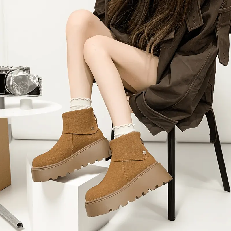 Women's Ankle Boots, Elegant Plain Chunky Platform with Side Zipper, PU Round Toe Block Heel Footwear for All Seasons (Beige), Fabric, Japanese, Polyurethane, Casual Wear, Chunky Heel, Rubber Sole, Man-Made, Walking Shoes, Platform Heels