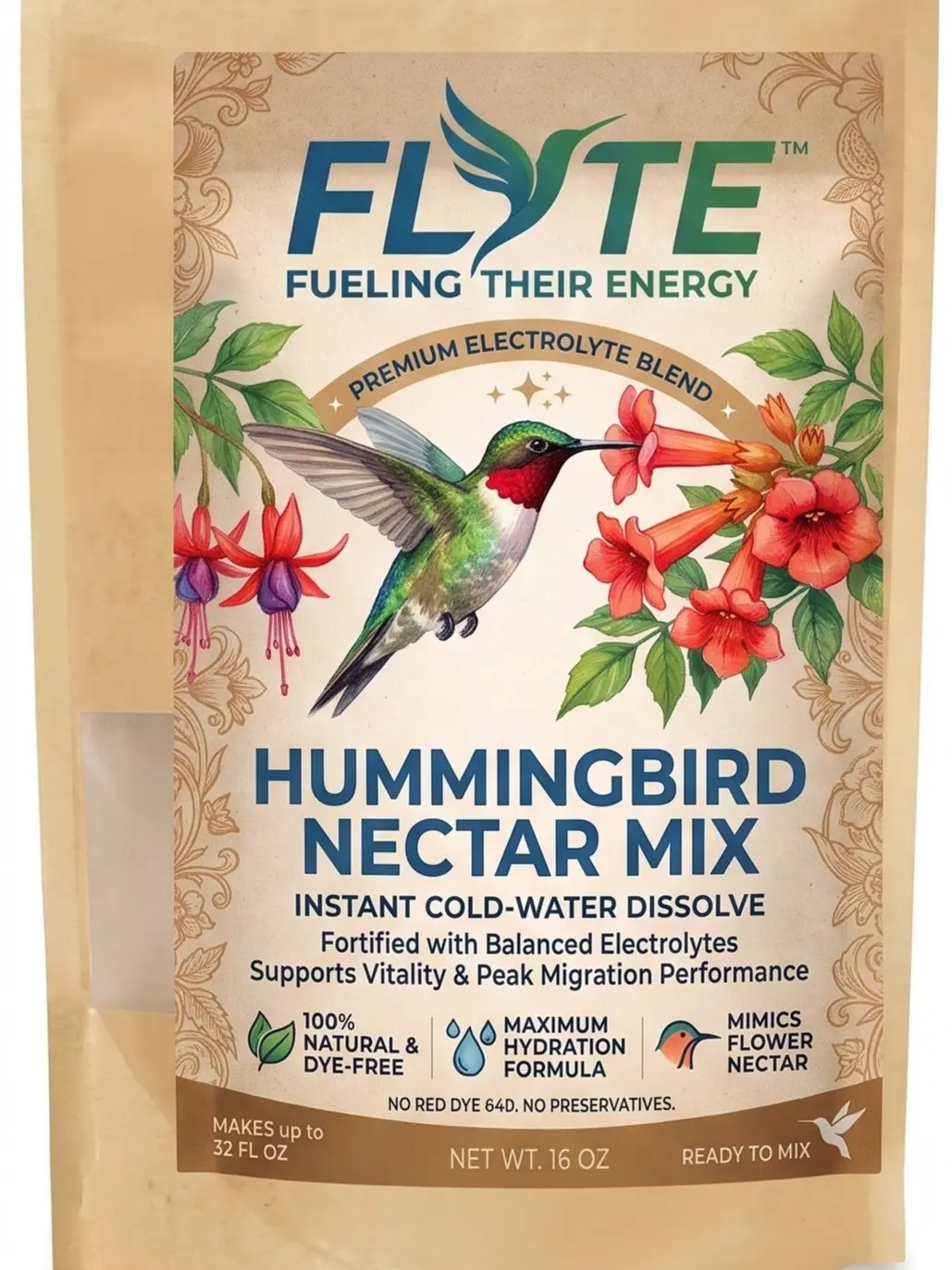 FLYTE Instant Hummingbird Nectar Mix with Electrolytes – Clear, Dye-Free Formula (16 oz / Makes 32–64 fl oz)
