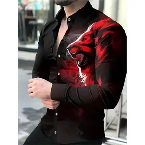 Retro Roaring Lion 3D Digital Print Men's Long Sleeve Button Up Shirt, Spring Fall