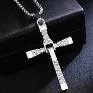 Fashion diamond-studded lock-style men's cross necklace, stainless steel cubic zirconia cross pendant with chain, hip-hop street style jewelry - inspirational pendant for motivation, religious charm gift for him