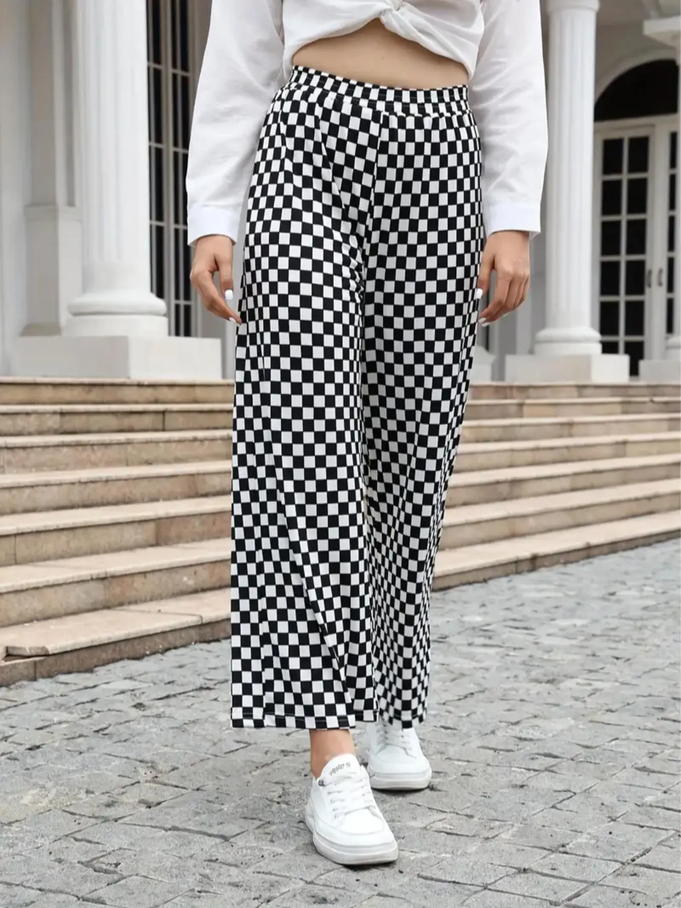 Women's Checkerboard Print Elastic Waist Wide Leg Pants, Casual High Waist Trousers for Fall, Fashion Women's Bottoms for Daily Wear, Boho Clothes, Pa