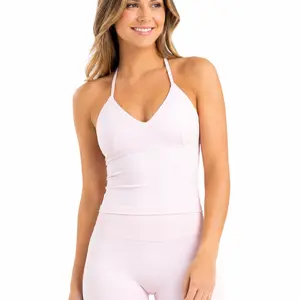 Dfyne Women's Sporty Chic Workout Tank, Halter V-Neck Backless Yoga Top with Sculpting Longline Fit, Stretchy & Weightless Fabric