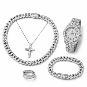 “Luxury Men’s 5-Piece Jewelry Set with Iced-Out Watch, Cuban-Link Necklace, Matching Bracelet, Rhinestone Ring, and Cross Pendant, Crafted from Premium Zinc Alloy with Sparkling Rhinestones, Perfect for Parties, Daily Wear,