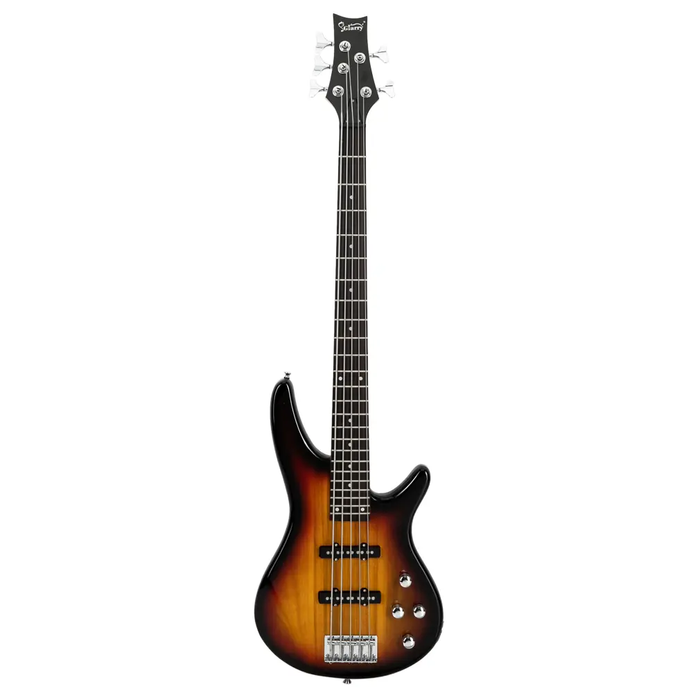 GIB Electric 5 String Bass Guitar Full Size Bag   Strap   Pick   Connector   Wrench Tool Sunset Color