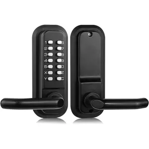 Mechanical Keyless Entry Door Lock with Handle, Stainless Steel Waterproof Keyless Gate Lock for Outdoor Fence, Mechanical Door Lock with Keypad (Black, with Large Cushion)