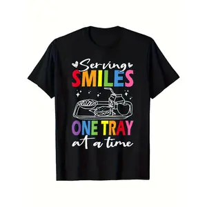 Serving Smiles One Tray At A Time Ladies Cafeteria Worker T-Shirt, 100% Cotton 220g, Large Short Sleeve, T-shirts for Men Women, Loose and comfortable, Family T-shirt, Geometric printing, FashionSame style for men and women 2025 summer short-sleeved