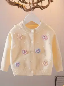 Girls' Embroidered Floral Cardigan Sweater, Soft Knit Jacket for Baby Girls, Comfortable Autumn Wear, Versatile Design, Baby Clothes Girl