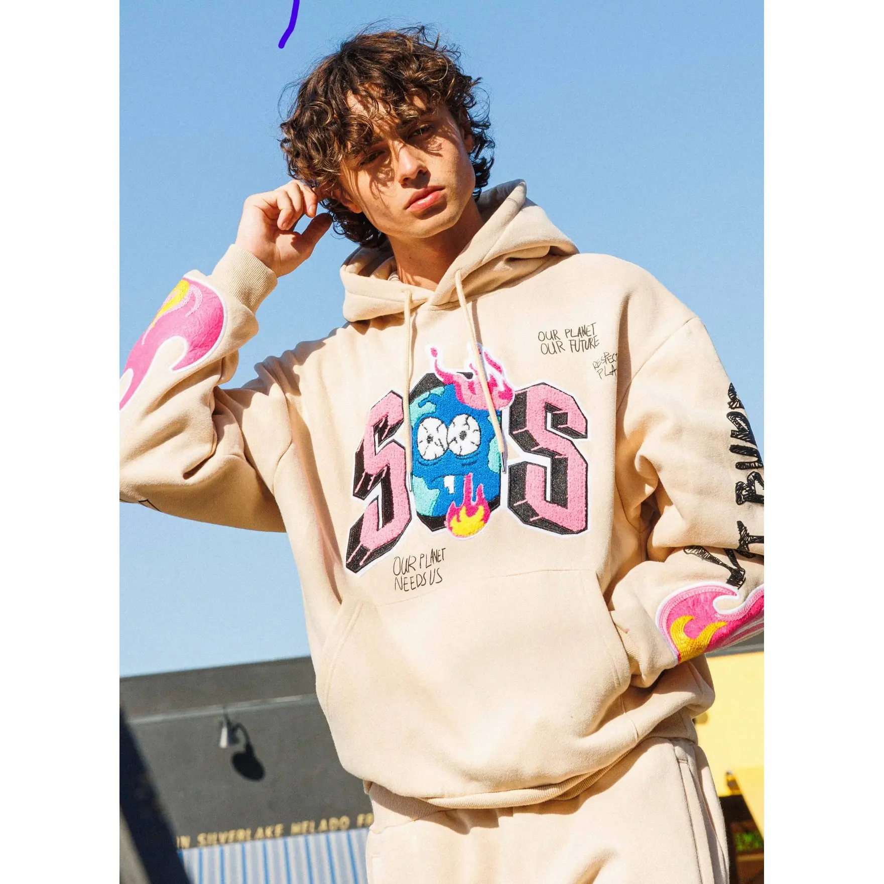 KHAKI SAVE OUR PLANET CHENILE PATCH HOODIE