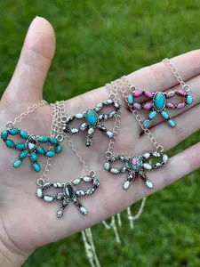 Turquoise and Multi Stone Bow Sterling Silver Necklace