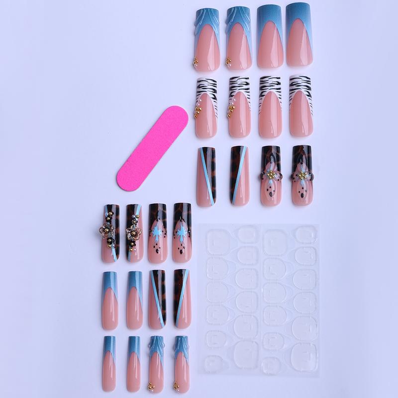 24 pieces of summer long press on nails leopard zebra pattern 3D three dimensional metal small flower dot steel beads y2k French fake nails suitable for party banquet salon blue nails with jelly glue 1 piece file strip 1