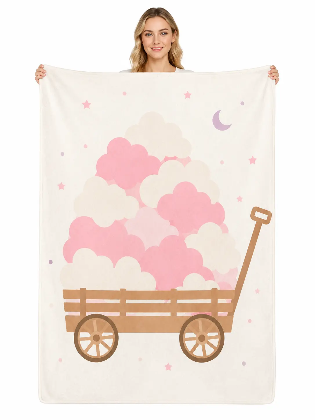 Flannel Throw Blanket with Cute Cloud Cart & Moon Star Pattern, Soft Cozy Plush Blanket for Bed Couch Sofa, Nursery Decor, Kids and Adult Gift, All Season Use
