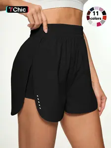Women's 2-in-1 Solid Gym Shorts, Casual Comfy Breathable Shorts for Yoga Workout Running, Ladies Sportswear for Summer