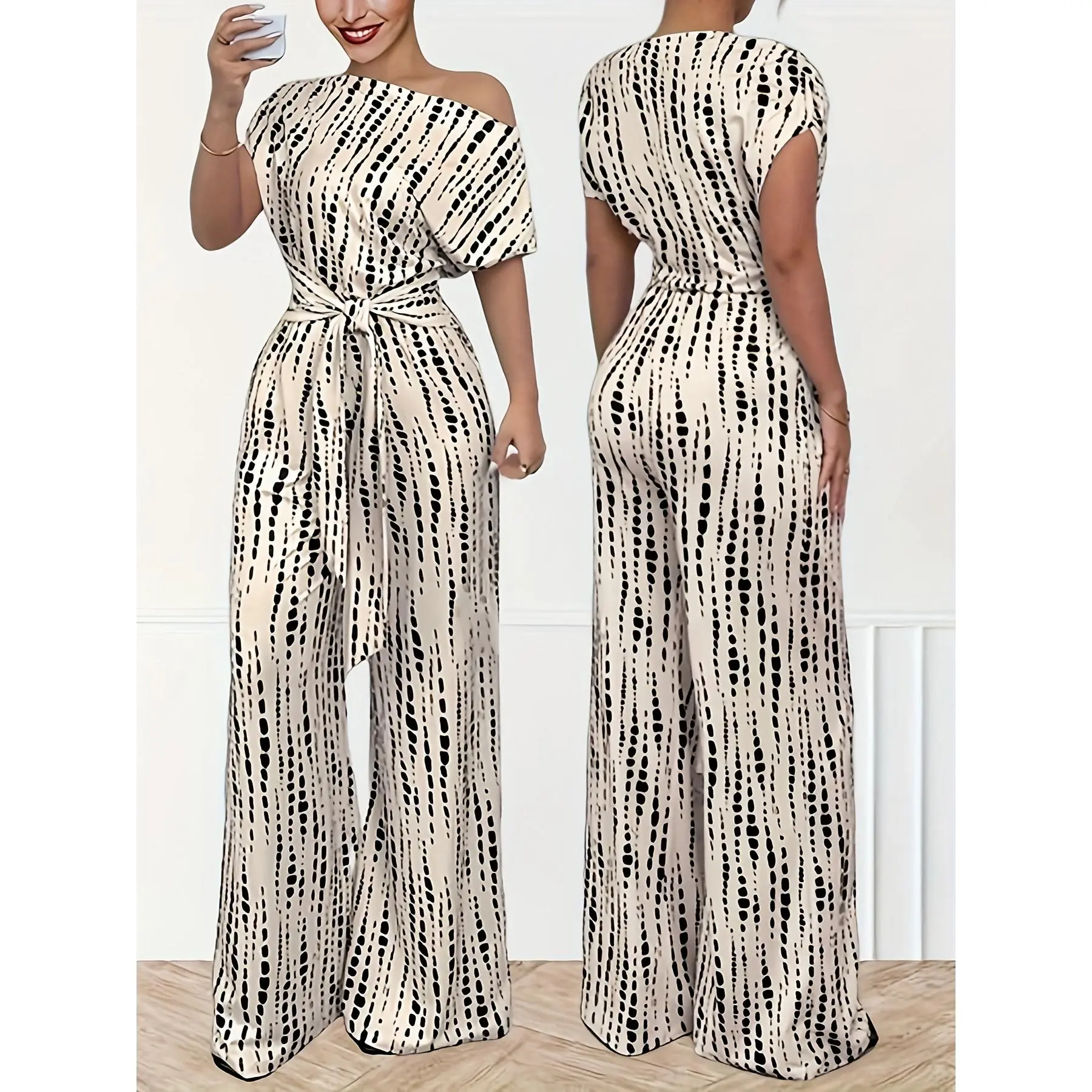 Elegant Asymmetric Neck Print Wide-Leg Jumpsuit with Belt - Perfect for Spring/Summer, Adult, Fashionable Adult Clothing |       Asymmetric Neckline Jumpsuit |       Printed Jumpsuit  Chic Modern Modest One Piece Beige