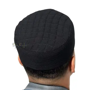 Premium Black Padded Malawi Kufis - Handmade Round Embroidered Asad Motif Muslim Prayer Caps