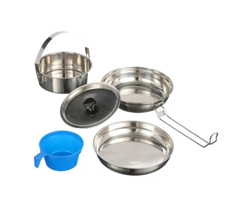 5-Piece Stainless Steel and Plastic Cookware Mess Kit for Space-saving white with handle
