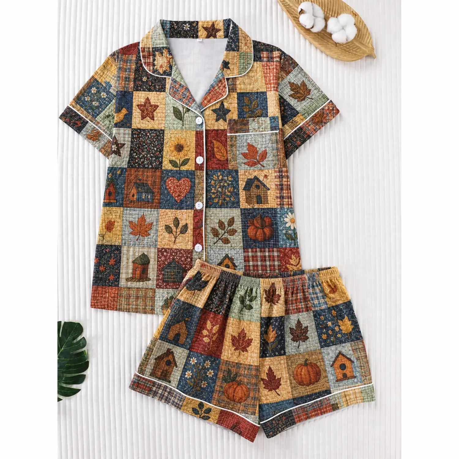 Women's Black Patchwork Two-Piece Pajama Set: Short Sleeve Top and Shorts Sleepwear & Loungewear for Comfort