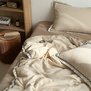 3pcs Simple Coffee Color Pleated Bedding Set, Tassel Trim, Breathable Fabric, Include 1 Duvet cover and 2Pillowcases, All Seasons Use