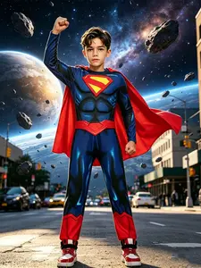 Hero Costume with Muscle Texture and Cape, Classic Color Scheme, Perfect for Halloween, Theme Parties, Stage Performances, Boys' Favorite