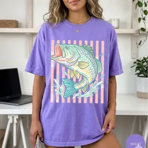 Comfort Colors Retro Bass Fish Shirt, Pastel Fishing Graphic Tee, Preppy Coastal Lake Aesthetic T-Shirt, Summer Fishing Outfit, Large Mouth Bass Angler Gift Gift For Her, Cotton Fabric  - Philip82