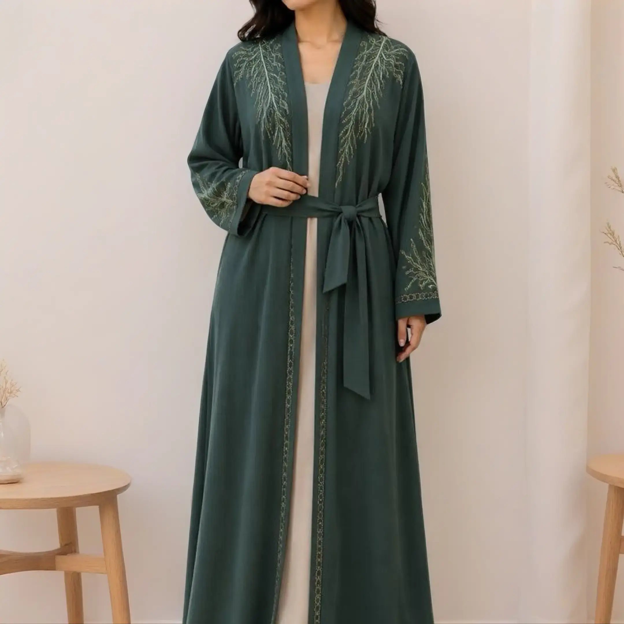Ayeshas Collection Women's Muslim Modest Fashion Abaya - Dubai-Style Open Front Button-Down Loose Embroidered Abaya Style with Leaf Embroidery, Rhinestone Embellishments, Lightweight Drape for Casual-Formal Wear Hijabi Outfits