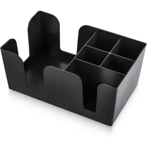 Bar Caddy with 6 Compartments | Heavy Duty Refillable Bar Organizer Holds Bar Supplies, Napkins, Toothpicks, Straws - Black, Plastic