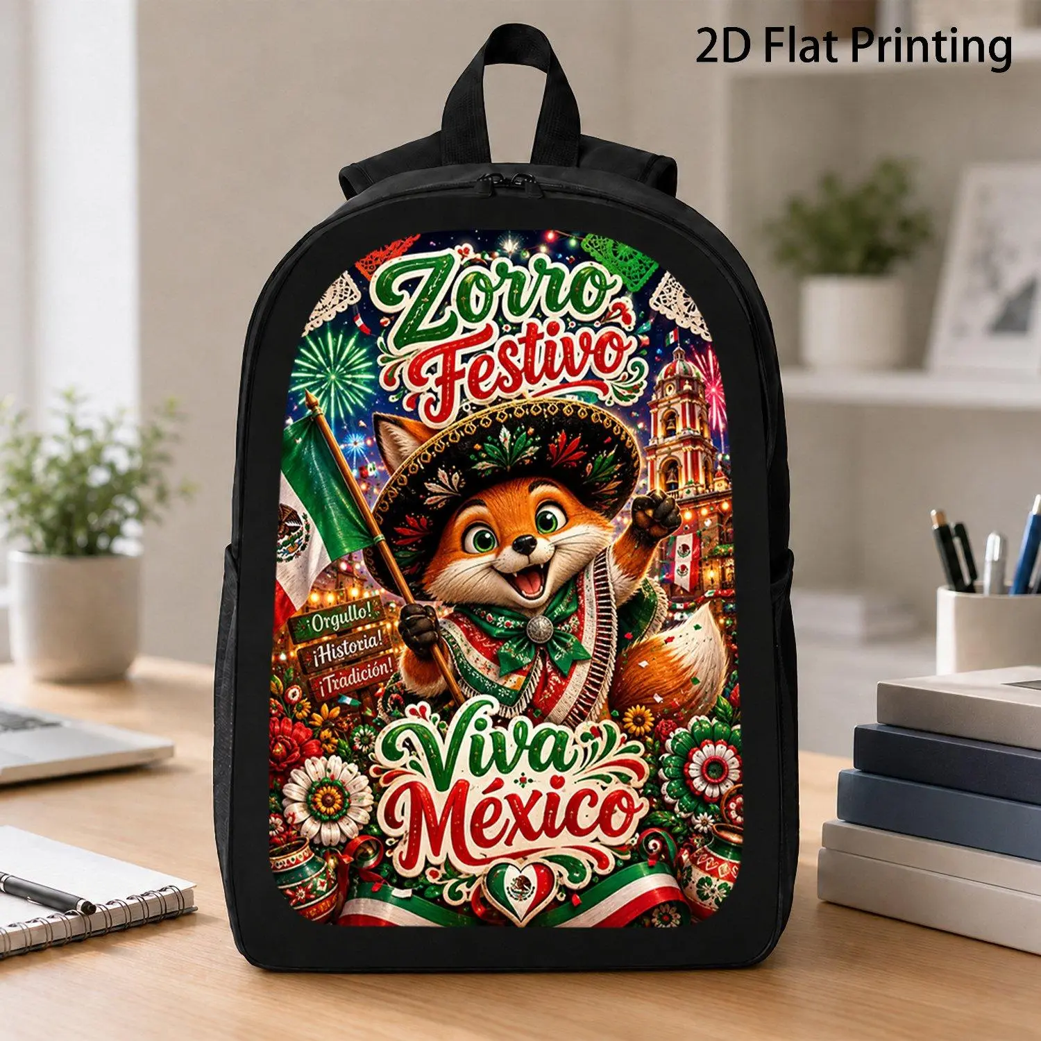17 Inch Backpack Featuring Festive Viva Mexico Fox Sombrero Holding Mexican Flag Graphic Design Celebrating September 16 Fiesta Holiday Art Print School Travel Bag with Trendy Decorative Elements