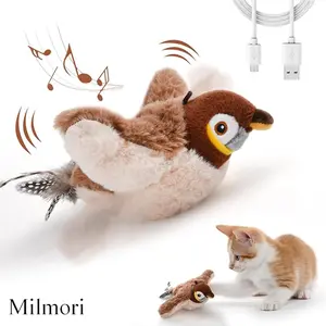 Milmori Rechargeable Chirping Cat Toy: Flapping Bird（do not fly） with Catnip for Indoor Cats (Brown Sparrow) Interactive Electric Touch Activated automatic pet