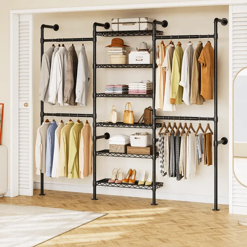 「BlackFriday」ONBRILL H3 Sturdy Vintage Wall-Mounted Closet Organizer - Industrial Iron Metal Vertical Pole Coat Rack, 950 lbs Max Load, 4 Modular Rod Expand Telescopic Rods, 6 Mesh Panels, Adjustable Hanging Design for Small Rooms