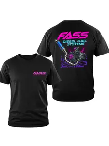 FASS Turbo Diesel Fuel Systems double-sided graphic T-shirt, purple and blue flame neon turbo engine back design, men's and women's street performance costumes, a gift for car enthusiasts