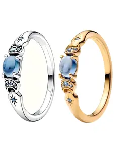 Princess Ring Blue Zircon Inlay Copper Plated, Elegant Moon Star Element, Perfect Gift for All Seasons, Stylish Daily Wear