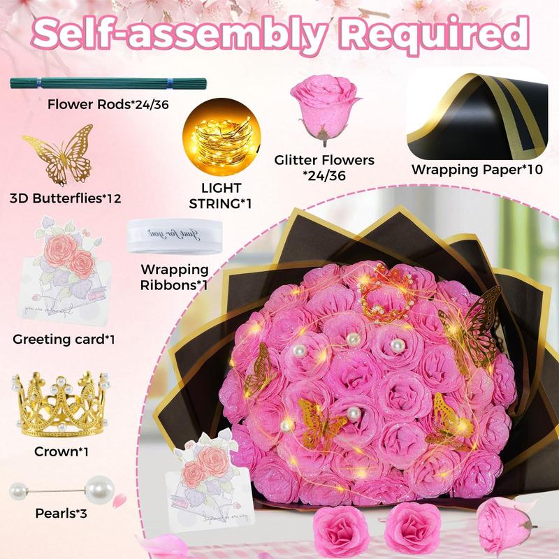 Glitter Roses Bouquet, 24 Pcs Shiny Glitter Flowers, Everlasting DIY Artificial Roses, Perfect for Christmas, Birthday, Anniversary, Wedding, Engagement