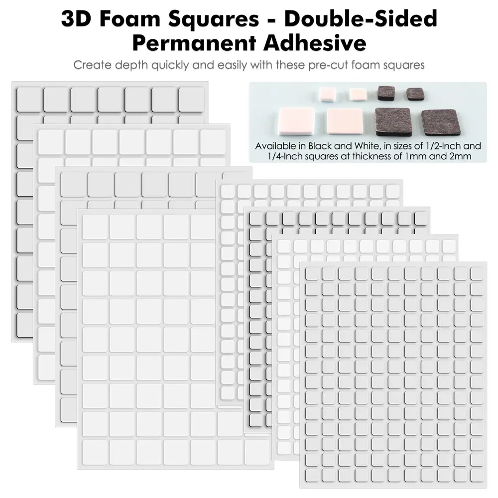6 SHEETS 1mm or 2mm Thickness Black Or White Mini 3D Double Sided Sticky Adhesive Foam Squares For Adding Dimension To Paper Card Projects Permanent Dimensional Adhesives   Daily Office Supplies,Art Supplies